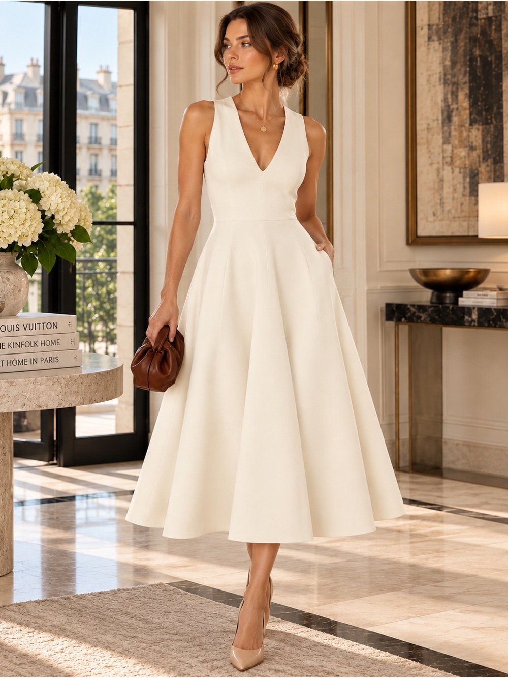 Dress the Population Catalina Off White Midi Dress M Bridal Fit Flare Pockets